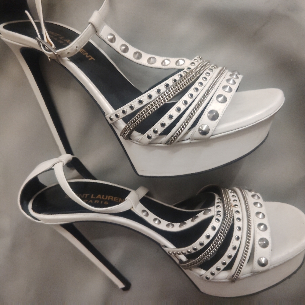 Saint Laurent White and Silver Platform Heels
